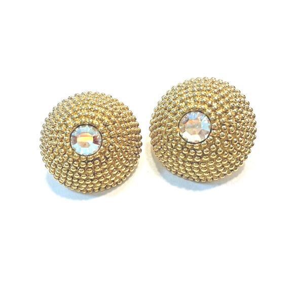 Vintage AVON retro style pierced earrings textured gold tone & AB rhinestones - Picture 1 of 4